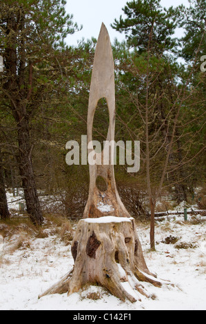 Scultura di Dunnett Foresta, Vicino Castletown, Caithness in Scozia, Regno Unito. Albero scolpito trunk. Foto Stock