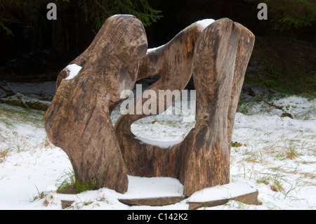 Scultura di Dunnett Foresta, Vicino Castletown, Caithness in Scozia, Regno Unito scolpiti tronco di albero. Foto Stock