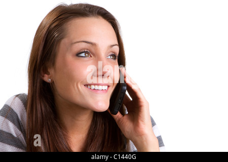 Felice giovane donna colloqui sul suo cellulare. Foto Stock