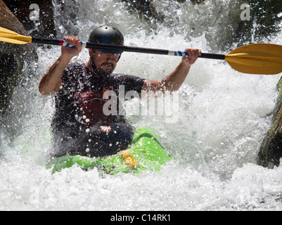 L'uomo kayak in Mormorando di un ruscello su Wilson Creek, NC. Foto Stock