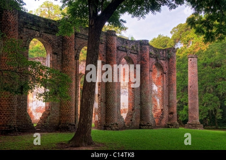 La luce del mattino sul vecchio Sheldon rovine della chiesa in Yemassee, Carolina del Sud. Foto Stock