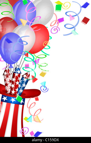 Lo zio Sam Hat con Red White Blue fuochi d'artificio e palloncini illustrazione Foto Stock