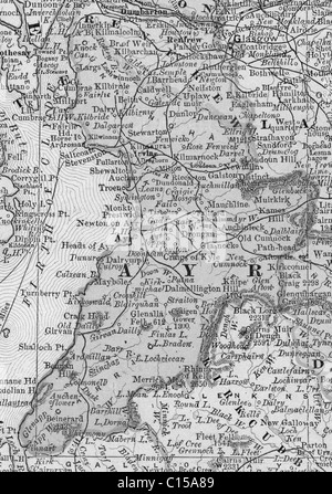 Mappa vecchia della contea di Ayr originali dalla geografia textbook, 1884 Foto Stock