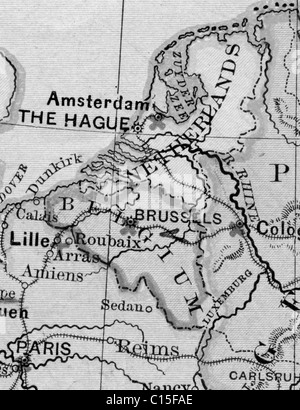 Mappa vecchia dei Paesi Bassi dalla geografia originale textbook, 1865 Foto Stock