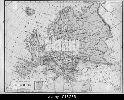 Mappa vecchia d'Europa originali dalla geografia textbook, 1884 Foto Stock