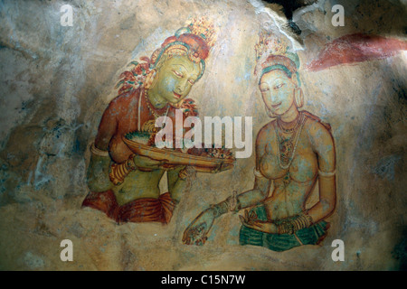 Il Cloud di fanciulle o Cloud damigelle, affreschi a Sigiriya o Lion Rock rock fortezza, Sri Lanka, Sud Asia Foto Stock