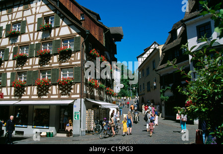 Telaio di legno di legno house, Steigstrasse, Meersburg, Lago di Costanza, Baden-Wuerttemberg, Germania Foto Stock