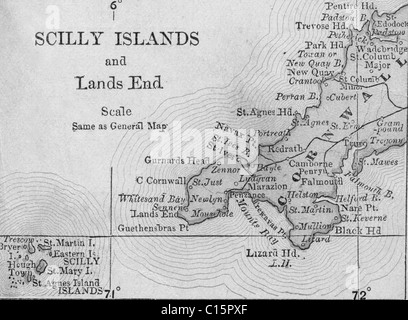 Mappa vecchia di Scilly originali dalla geografia textbook, 1884 Foto Stock