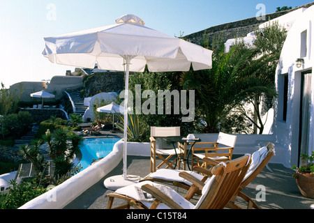 Terrazza, camera in un hotel di lusso, Oia - Santorini, Cicladi Grecia, Europa Foto Stock