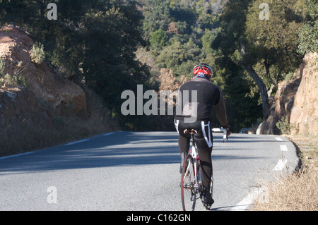 Ciclista senior alla sommità di una strada in salita in Esterel, Riviera Francese, Provenza, in querce da sughero-foresta Foto Stock