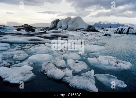 Iceberg e galleggiante di lastre di ghiaccio su un lago glaciale, Joekulsárlón ai piedi dell'Vatnajoekull, Islanda, Europa Foto Stock