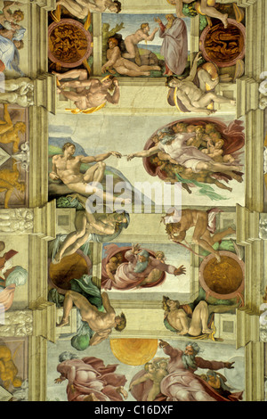 Cappella Sistina, soffitto affrescato di Michelangelo Buonarroti, creazione di Adamo, Vaticano, Roma, Lazio, l'Italia, Europa Foto Stock