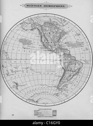 Mappa vecchia dell emisfero occidentale originali dalla geografia textbook, 1903 Foto Stock