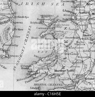 Mappa vecchia del Galles originali dalla geografia textbook, 1879 Foto Stock