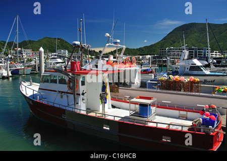 La pesca in barca in porto Picton Queen Charlotte Sound, Marlborough Sounds, regione di Marlborough, Isola del Sud, Nuova Zelanda Foto Stock