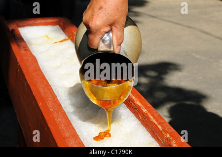 Bollire lo sciroppo d'acero essendo versato sulla neve per fare lo sciroppo d'acero dolci, chiamato Maple taffy, Zucchero Shack, Ile d'Orléan, Canada Foto Stock