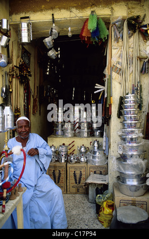 L'Egitto, al Cairo, il Khan El Khalili souk, commerciante ritratto nel suo negozio Foto Stock