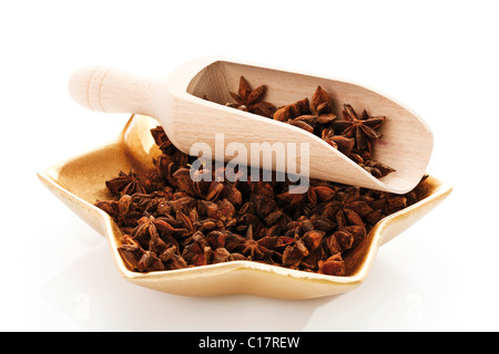 Cucchiaio di legno su una stella-piatto sagomato con anice stellato Foto Stock