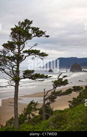 Vista di Haystack Rock da spiaggia Tolovana Oregon 2 Foto Stock