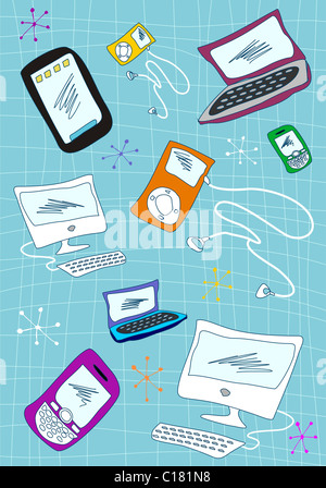 Scrittura dei dispositivi tecnologici set di icone su sfondo blu. Vettore disponibile. Foto Stock
