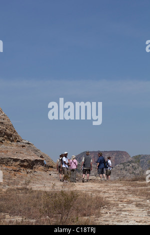 I turisti del trekking attraverso Isalo National Park, Madagascar, contro uno sfondo di Jurassic arenaria erose scogliere. Foto Stock