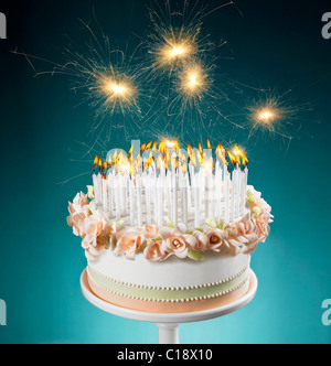 Torta di compleanno con un sacco di candele accese Foto Stock