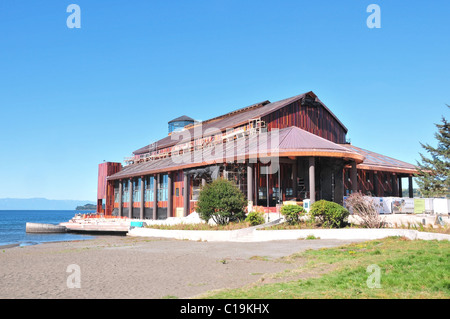 Blue Sky Beach vista del Teatro del Lago teatro musicale che si allunga nelle acque del Lago Llanquihue, Frutillar, Cile Foto Stock