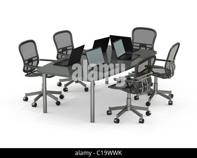 Tavolo da conferenza con aperto laptop su sfondo bianco Foto Stock