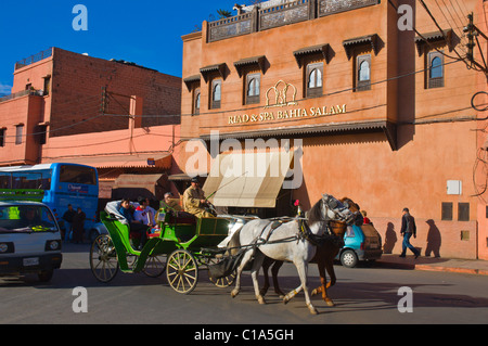 Carrozza a cavalli nei pressi di Place de Faucauld piazza centrale di Marrakech Marocco Africa Foto Stock