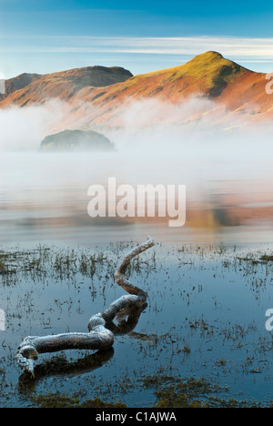 Congelati sul registro Derwentwater con Catbells Lake District Cumbria Foto Stock