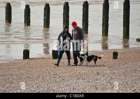 Paio di camminare un cane sulla spiaggia un giorno inverni Foto Stock