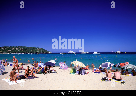 Francia, Var, Riviera Francese, vicino a Saint Tropez, spiaggia di Pampelonne Foto Stock