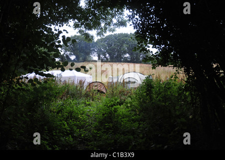 Camping all'aperto in un campo circondato da alberi e fogliame. Tende parzialmente nascosta. Foto Stock