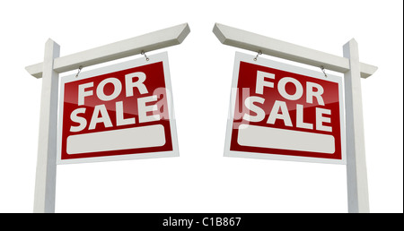 Coppia di destra e di sinistra guardando per la vendita immobiliare di segni isolato su uno sfondo bianco con i tracciati di ritaglio. Foto Stock