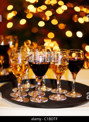 Un vassoio con il vino bianco e rosso. Foto Stock