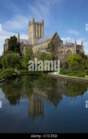 Cattedrale di Wells dal Palazzo dei Vescovi Garden Foto Stock