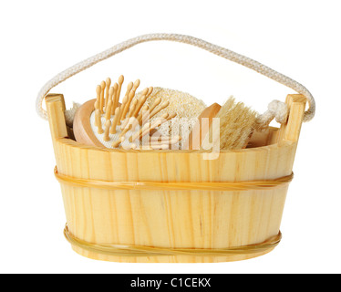 Cucchiaio di legno di spa-tipo elementi. Isolato su bianco Foto Stock