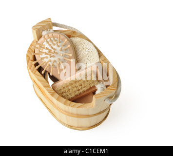 Cucchiaio di legno di spa-tipo elementi. Isolato su bianco Foto Stock