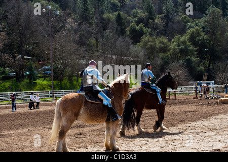 Coraggiosi cavalieri in attesa del loro giro in giostra corrispondono a Sonora California festival Celtico Foto Stock