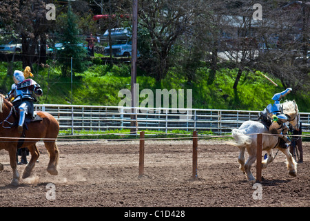 Un concorrente caduta da cavallo durante un pieno contatto giostre contest Foto Stock