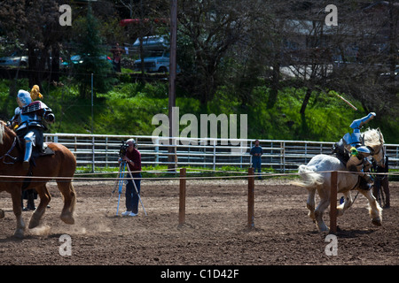 Un concorrente caduta da cavallo durante un pieno contatto giostre contest Foto Stock