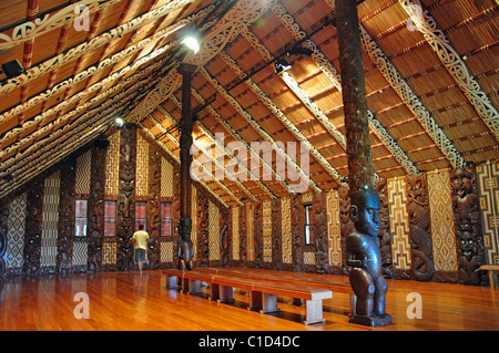 Te Whare Runanga Meeting House interno, Waitangi trattato terreni, Waitangi, Bay of Islands, Northland, North Island, Nuova Zelanda Foto Stock