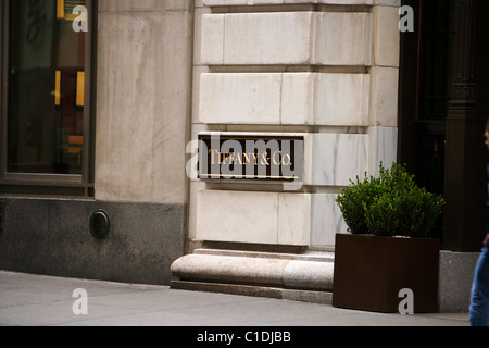 L'ingresso e la placca al di fuori di Tiffany sulla Fifth Avenue di New York Foto Stock