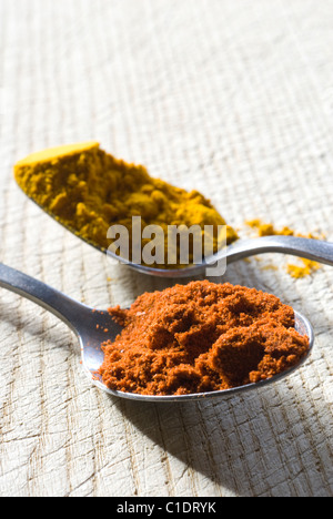 Essiccato paprika rossa e la curcuma spezie su cucchiaini. Foto Stock