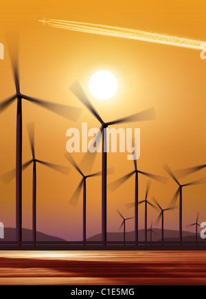 Silhouette di turbine eoliche per la generazione di energia elettrica su sfondo al tramonto Foto Stock