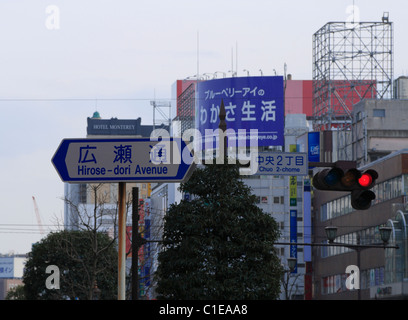 Gli indicatori di strada nel centro di Sendai nella Prefettura di Miyagi in Giappone . Foto Stock