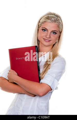 Giovane donna in cerca di lavoro con documenti di applicazioni Foto Stock