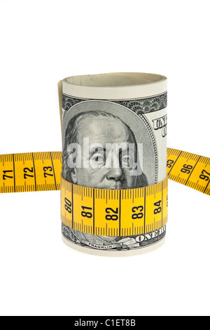Un'immagine icona pacchetto economy con il dollaro e con la metro a nastro Foto Stock