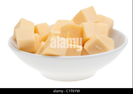 Blocchi di formaggio in un recipiente isolato su uno sfondo bianco Foto Stock