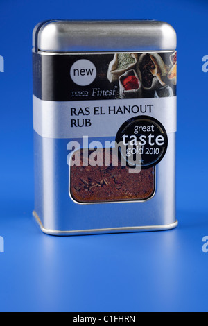 Colore argento stagno di Tesco Finest Ras El Hanout rub aromatizzanti Foto Stock